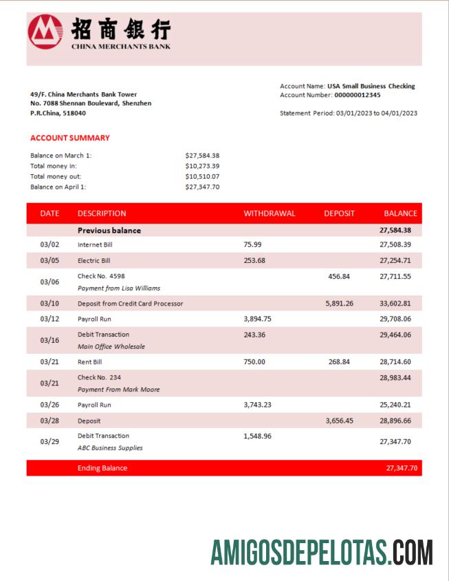 Imprimível China Merchants Bank Firm modelo de extrato de conta Word e PDF